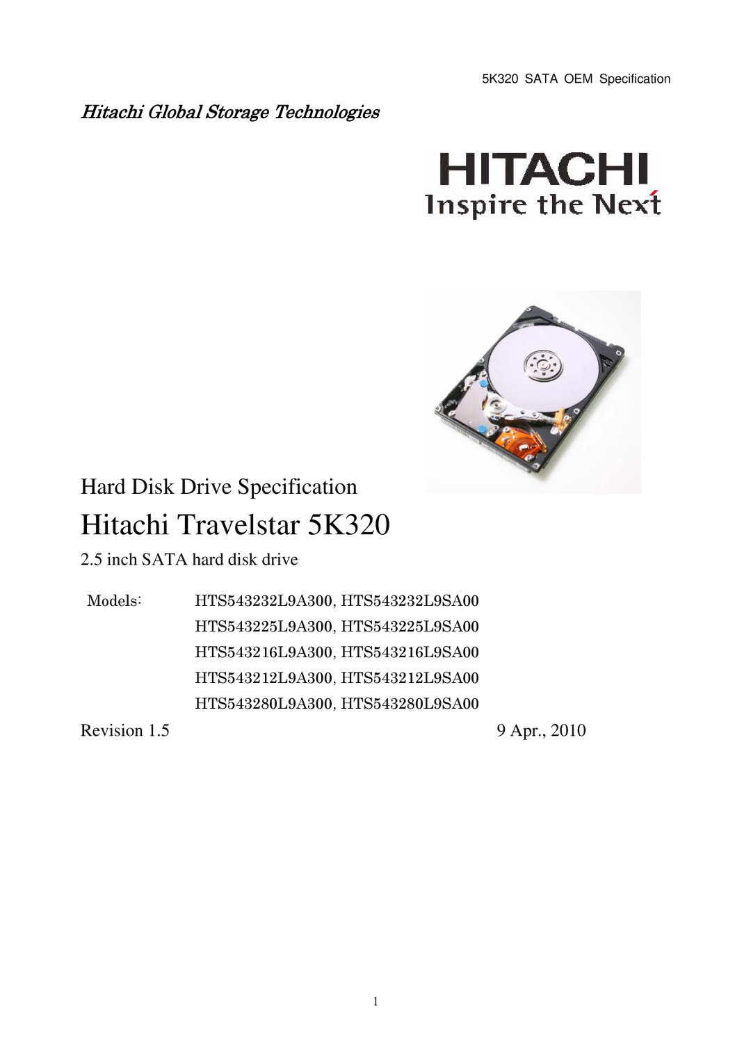 Hitachi HTS543280L9SA00, HTS543232L9A300, HTS543225L9A300, HTS543216L9SA00, HTS543212L9A300 manual Hitachi Travelstar 5K320 