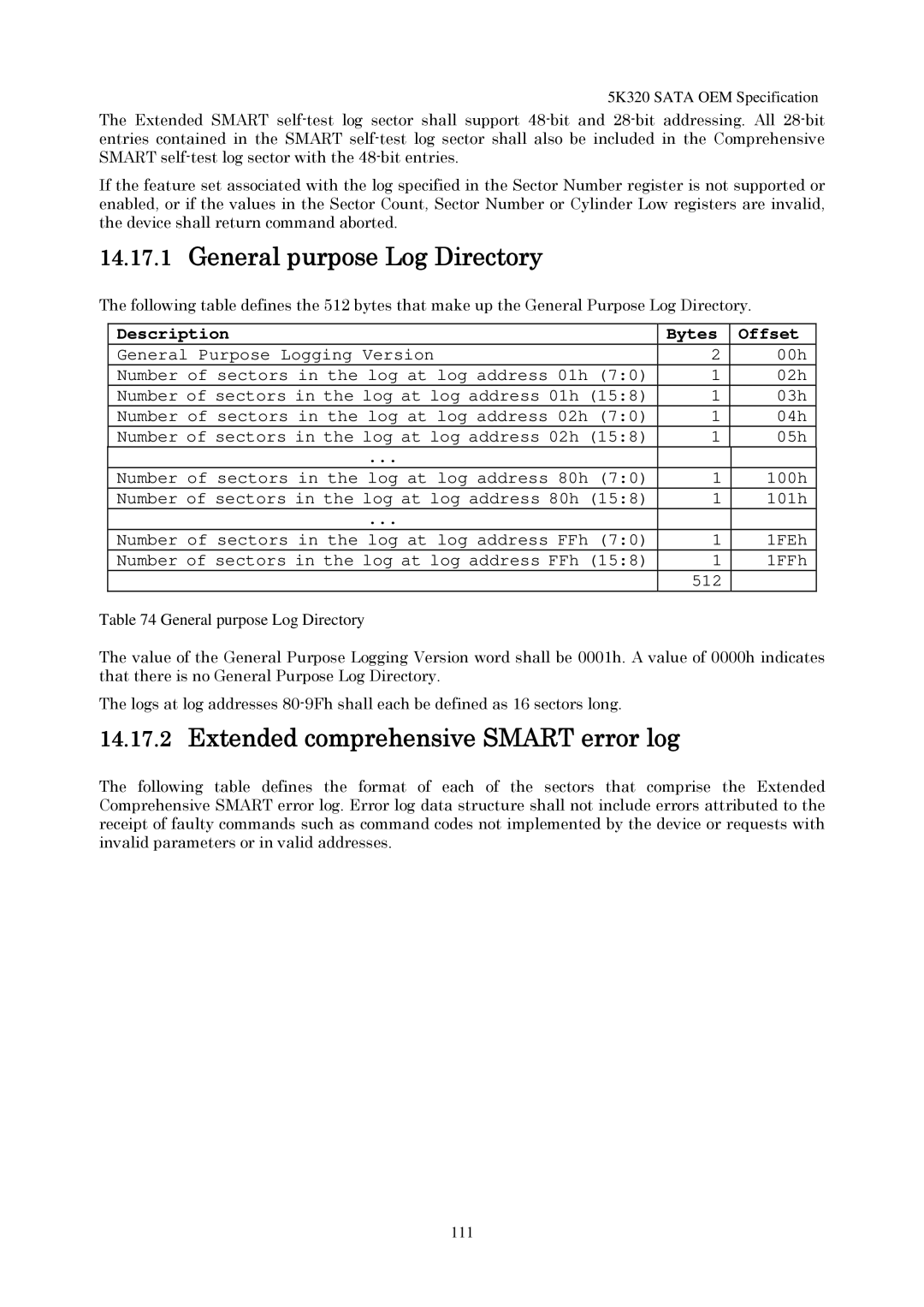 Hitachi HTS543216L9SA00, HTS543232L9A300 manual General purpose Log Directory, Extended comprehensive Smart error log 