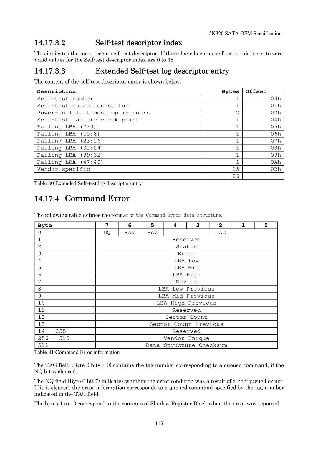 Hitachi HTS543280L9SA00 manual Command Error, Self-test descriptor index, Extended Self-test log descriptor entry 