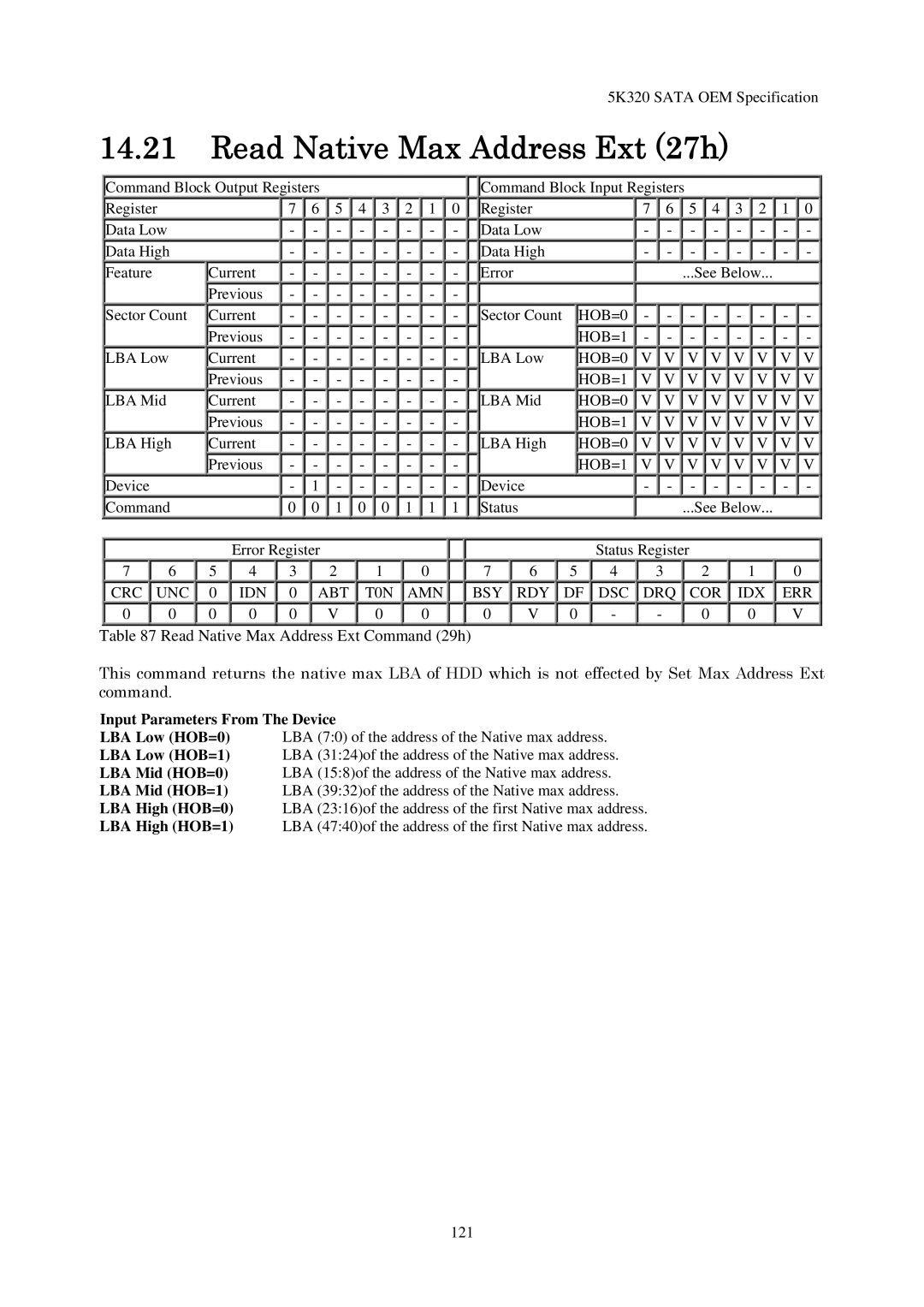 Hitachi HTS543280L9SA00, HTS543232L9A300 manual Read Native Max Address Ext 27h, Read Native Max Address Ext Command 29h 