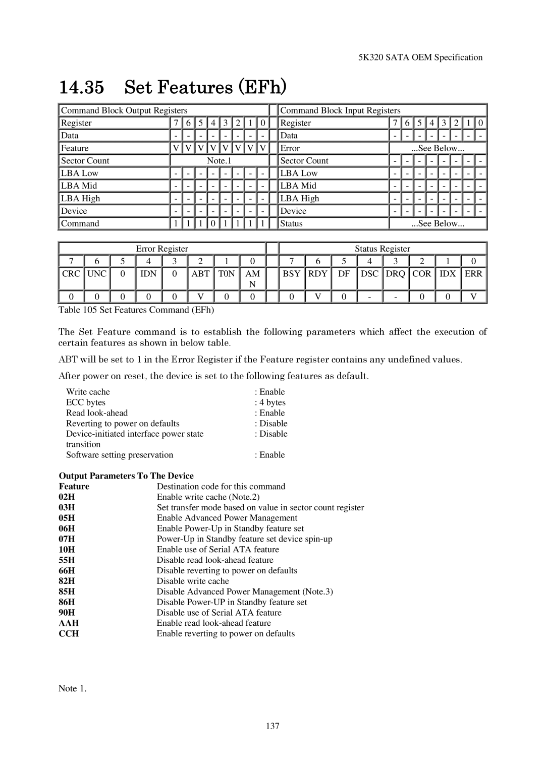 Hitachi HTS543216L9A300, HTS543232L9A300, HTS543280L9SA00, HTS543225L9A300 manual Set Features EFh, Set Features Command EFh 