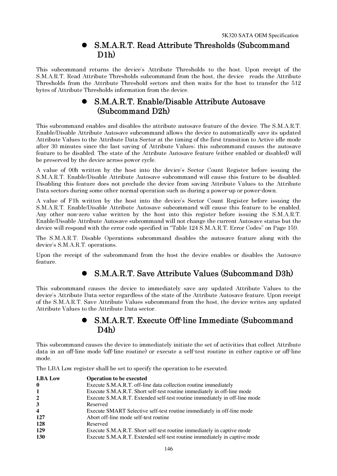 Hitachi HTS543225L9A300, HTS543232L9A300, HTS543280L9SA00 manual  S.M.A.R.T. Read Attribute Thresholds Subcommand D1h 