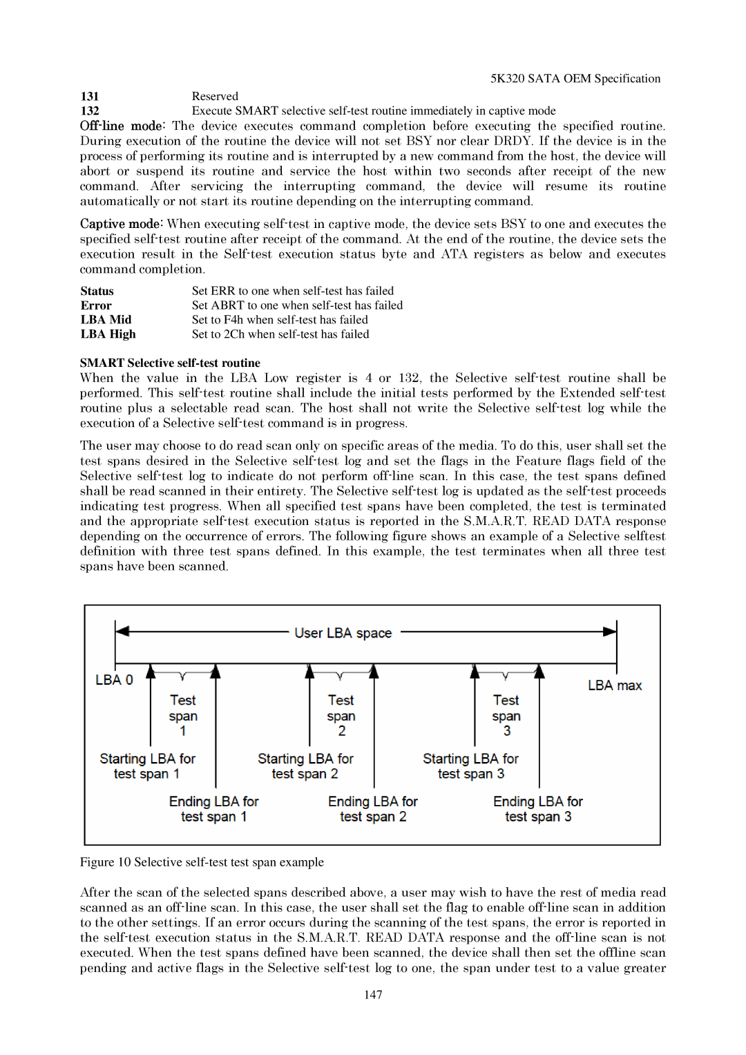 Hitachi HTS543216L9SA00, HTS543232L9A300 manual Status, Error, LBA Mid, LBA High, Smart Selective self-test routine 