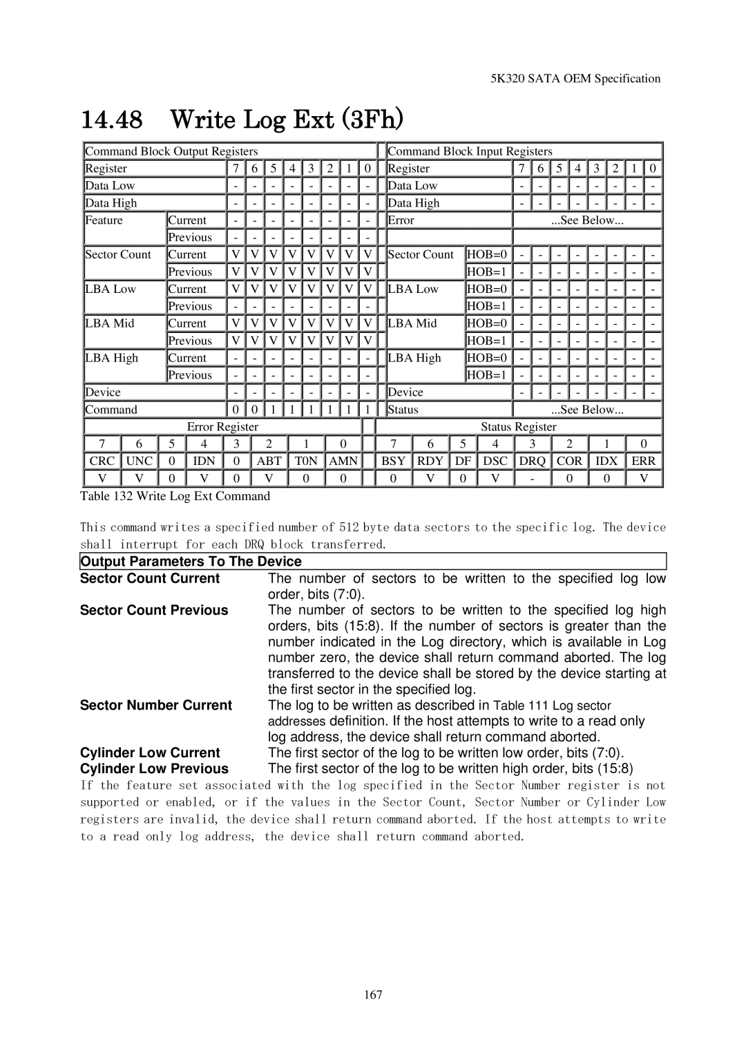 Hitachi HTS543216L9A300, HTS543232L9A300, HTS543280L9SA00, HTS543225L9A300 manual Write Log Ext 3Fh, Write Log Ext Command 