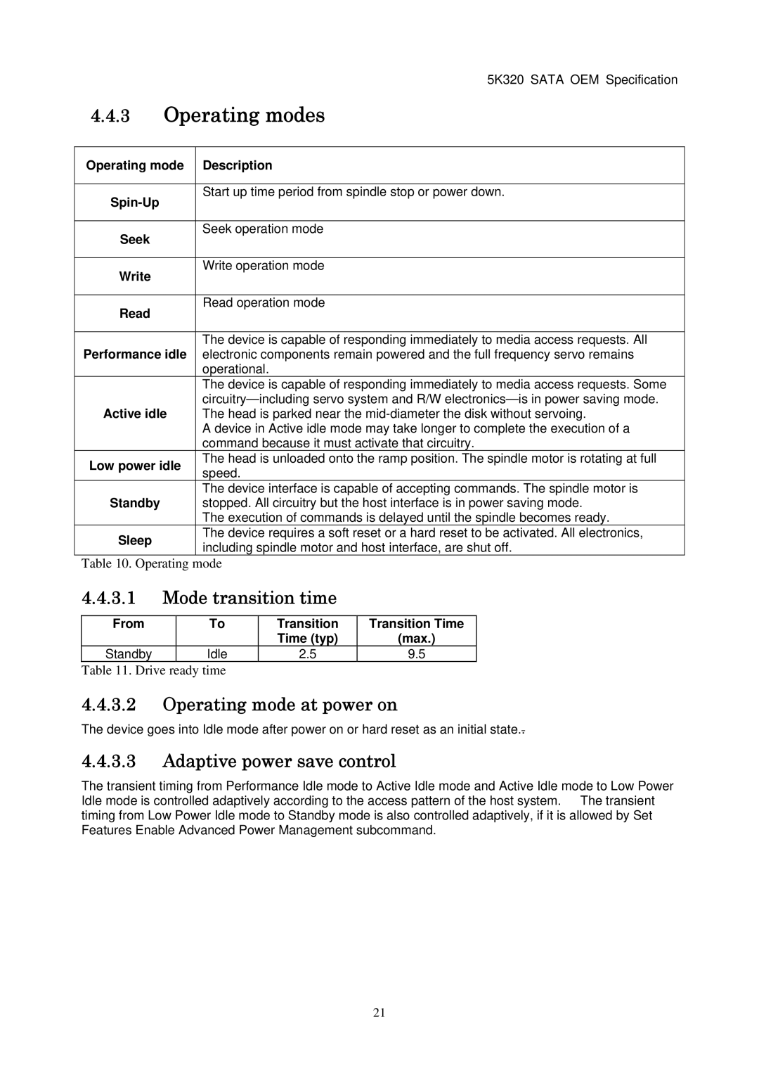 Hitachi HTS543216L9SA00 Operating modes, Mode transition time, Operating mode at power on, Adaptive power save control 