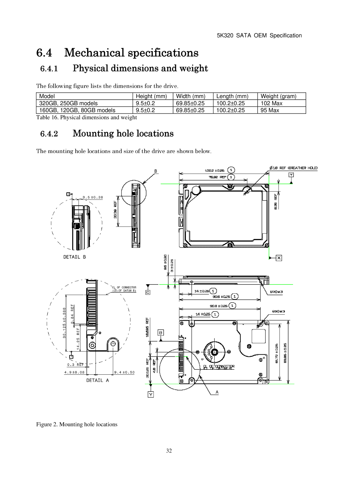 Hitachi HTS543225L9A300 manual Mechanical specifications, Physical dimensions and weight, Mounting hole locations 