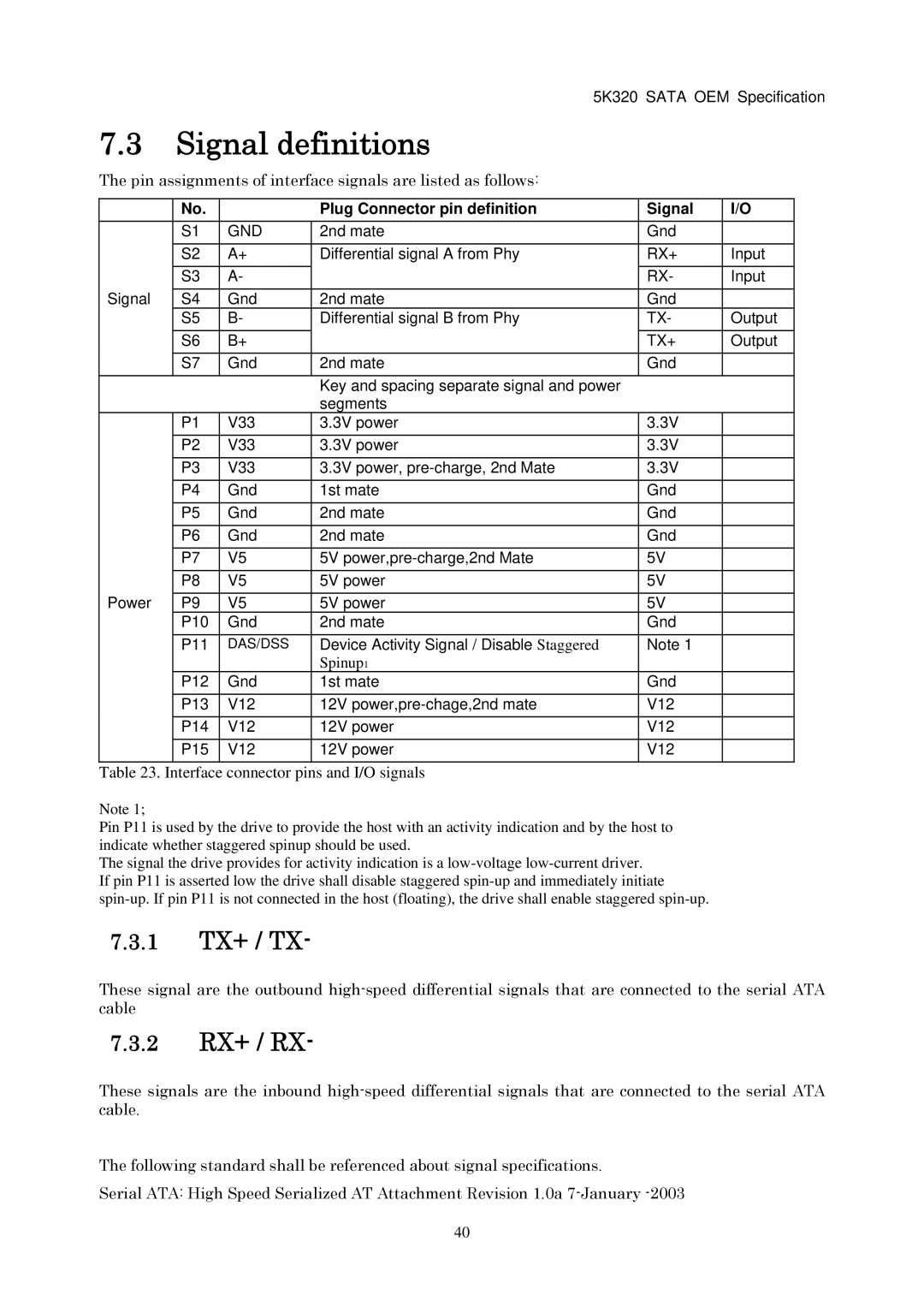 Hitachi HTS543212L9A300 manual Signal definitions, 1 TX+ / TX, 2 RX+ / RX, Interface connector pins and I/O signals 