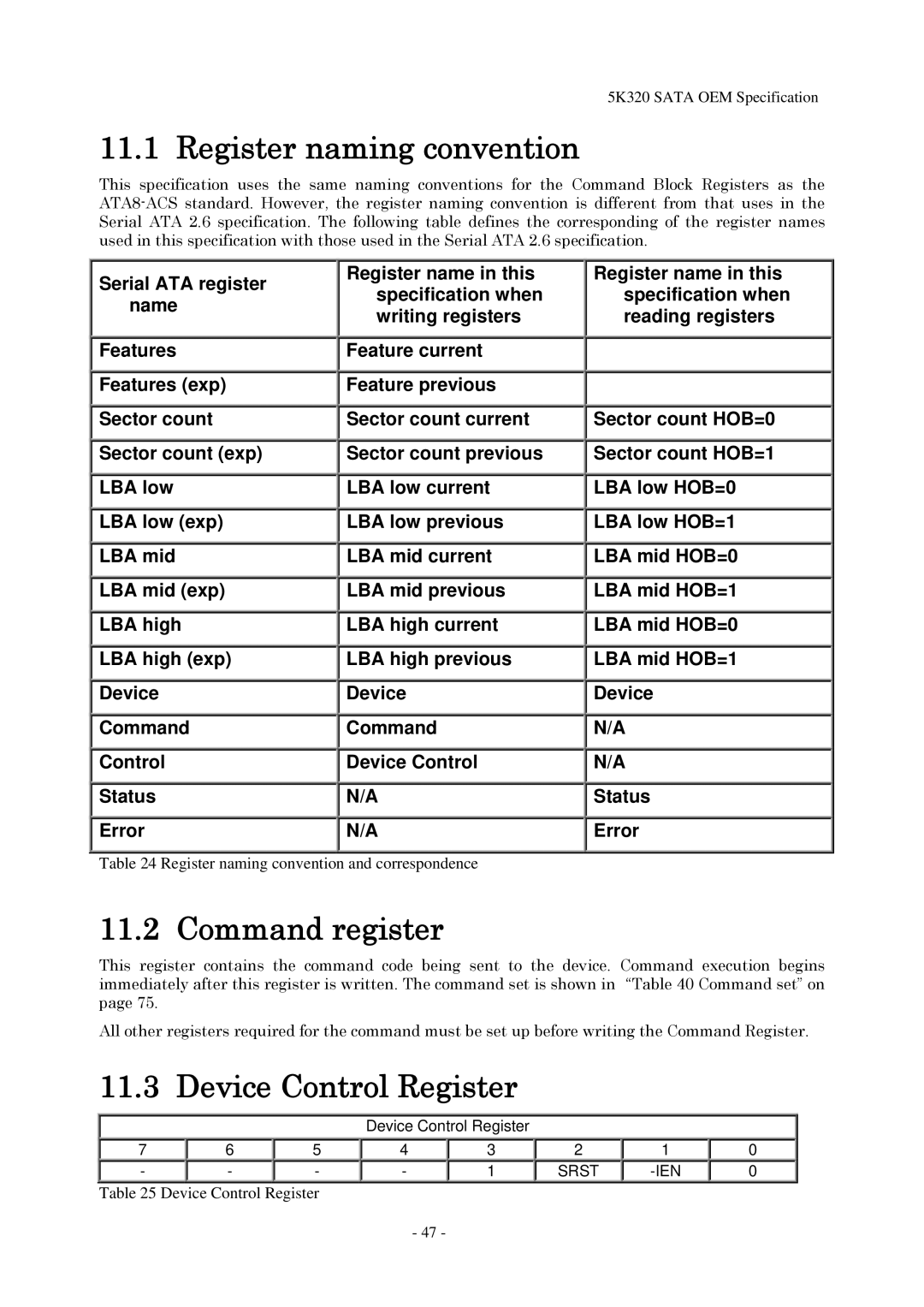 Hitachi HTS543216L9A300, HTS543232L9A300 manual Register naming convention, Command register, Device Control Register 