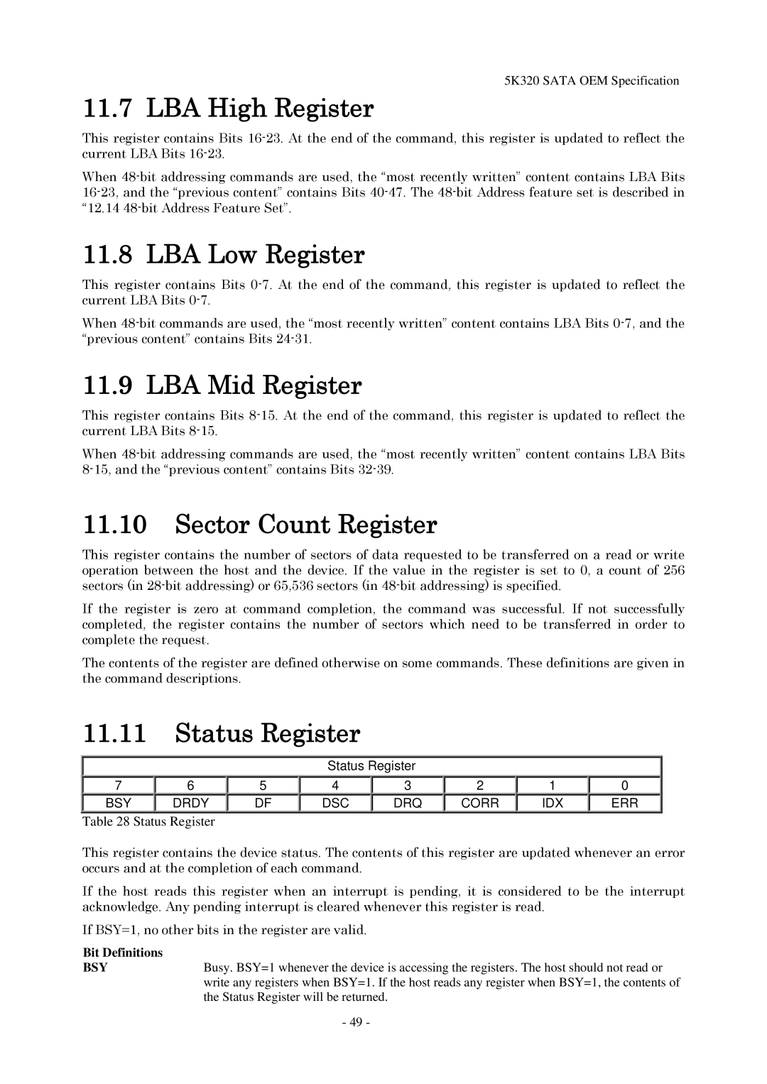 Hitachi HTS543280L9SA00 LBA High Register, LBA Low Register, LBA Mid Register, Sector Count Register, Status Register 