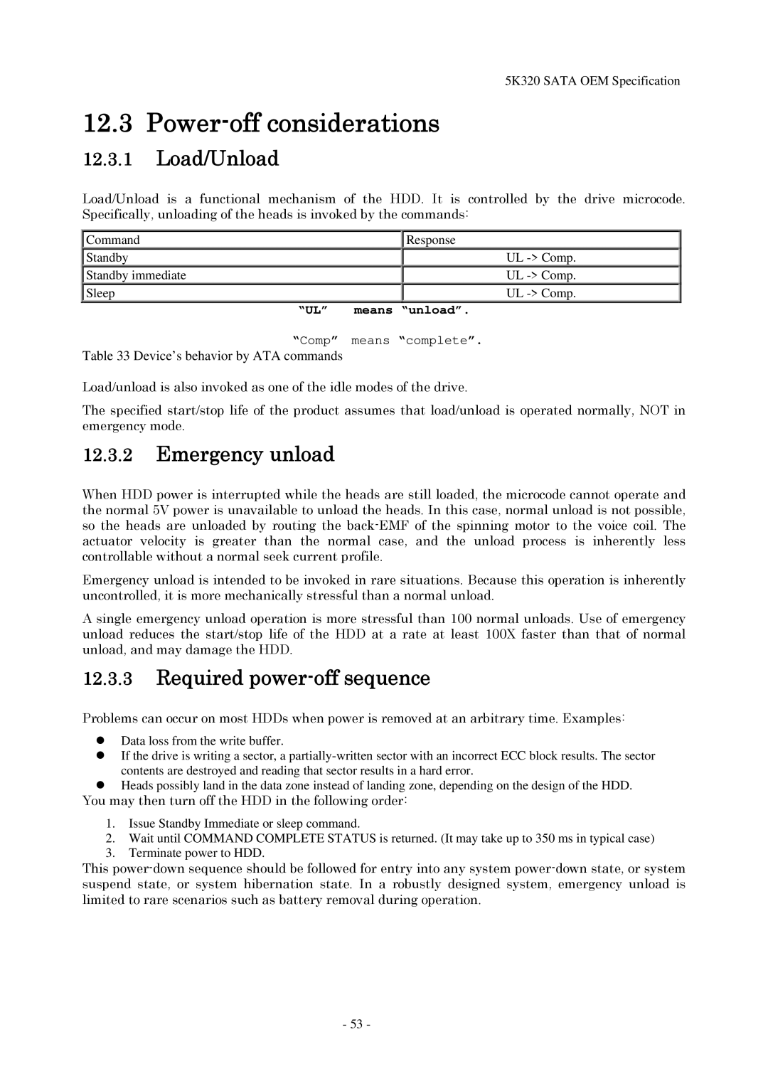 Hitachi HTS543216L9A300, HTS543232L9A300 manual Power-off considerations, Emergency unload, Required power-off sequence 