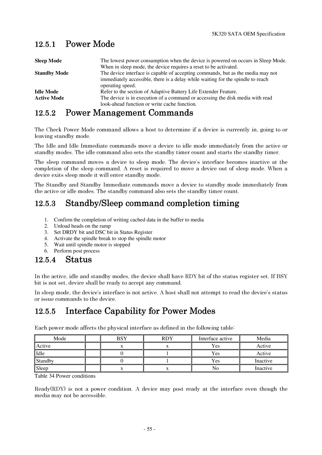 Hitachi HTS543280L9SA00 manual Power Mode, Power Management Commands, Standby/Sleep command completion timing, Status 