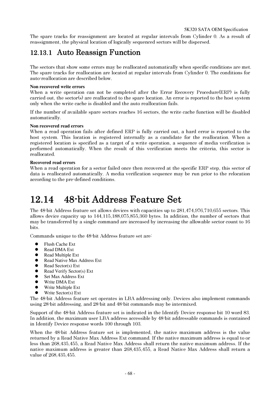 Hitachi HTS543225L9A300 manual 12.14 48-bit Address Feature Set, Auto Reassign Function, Non recovered write errors 