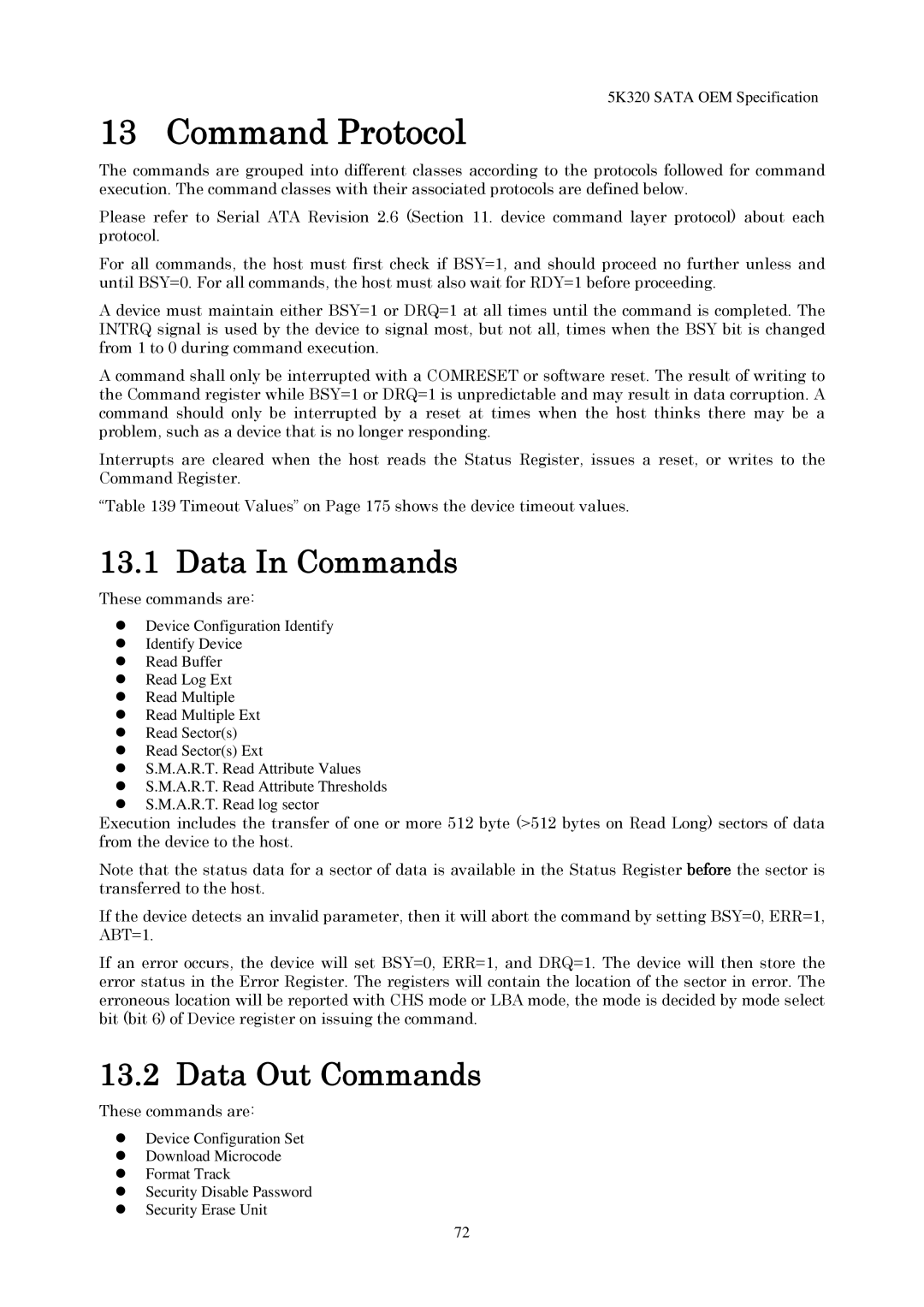 Hitachi HTS543232L9A300, HTS543280L9SA00, HTS543225L9A300 manual Command Protocol, Data In Commands, Data Out Commands 