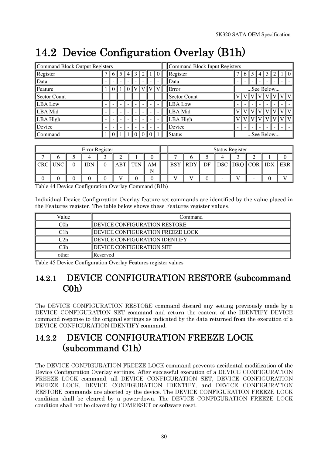 Hitachi HTS543225L9A300, HTS543232L9A300 Device Configuration Overlay B1h, Device Configuration Restore subcommand C0h 