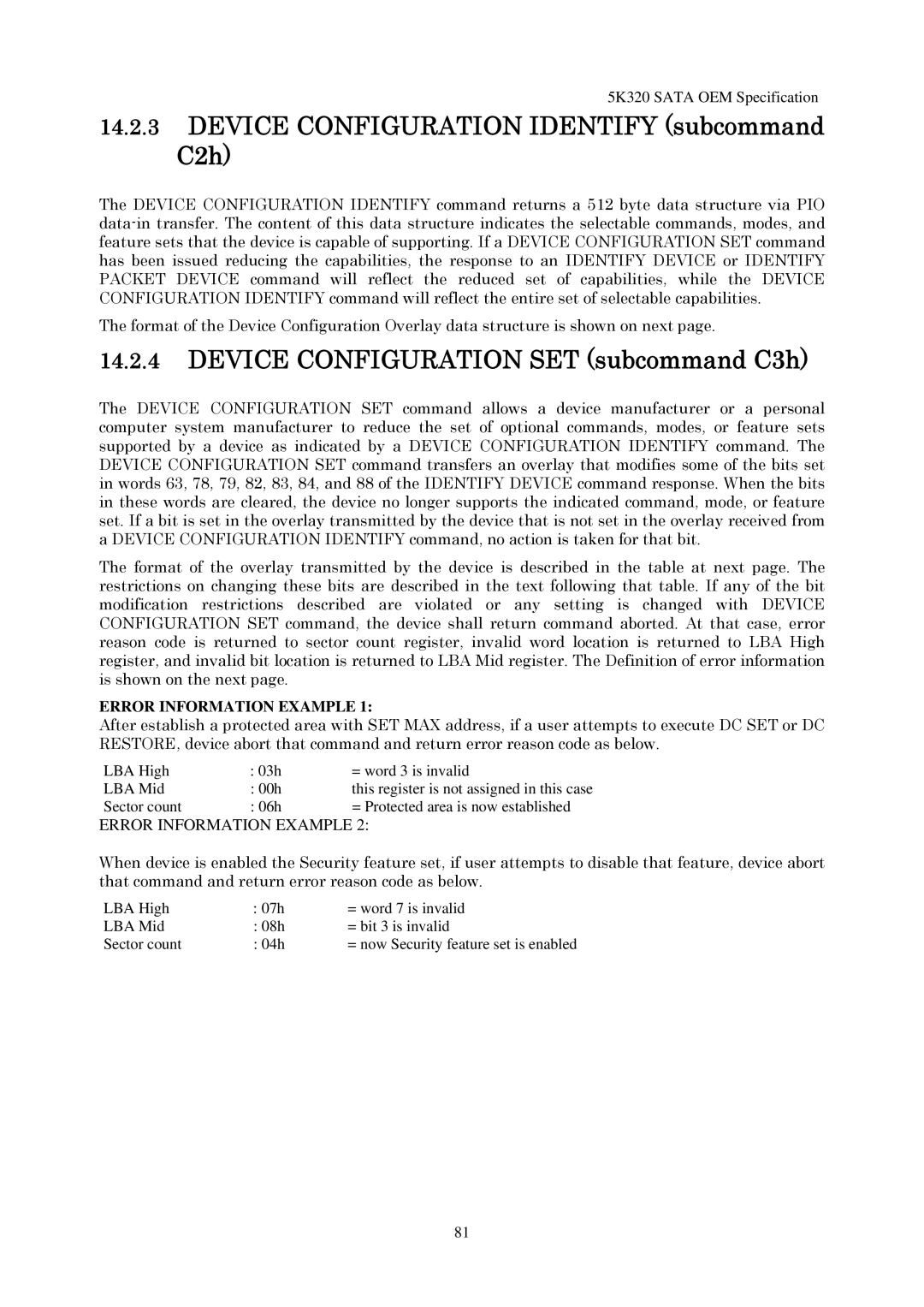 Hitachi HTS543216L9SA00 manual Device Configuration Identify subcommand C2h, Device Configuration SET subcommand C3h 