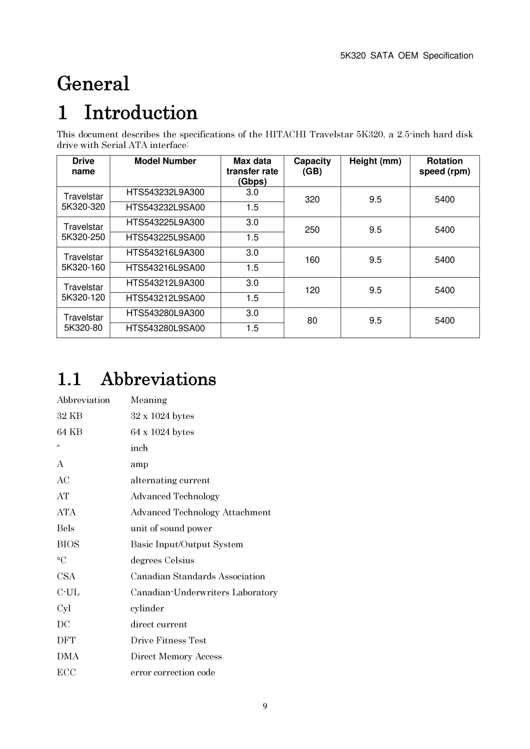 Hitachi HTS543216L9SA00, HTS543232L9A300, HTS543280L9SA00, HTS543225L9A300 manual General Introduction, Abbreviations 