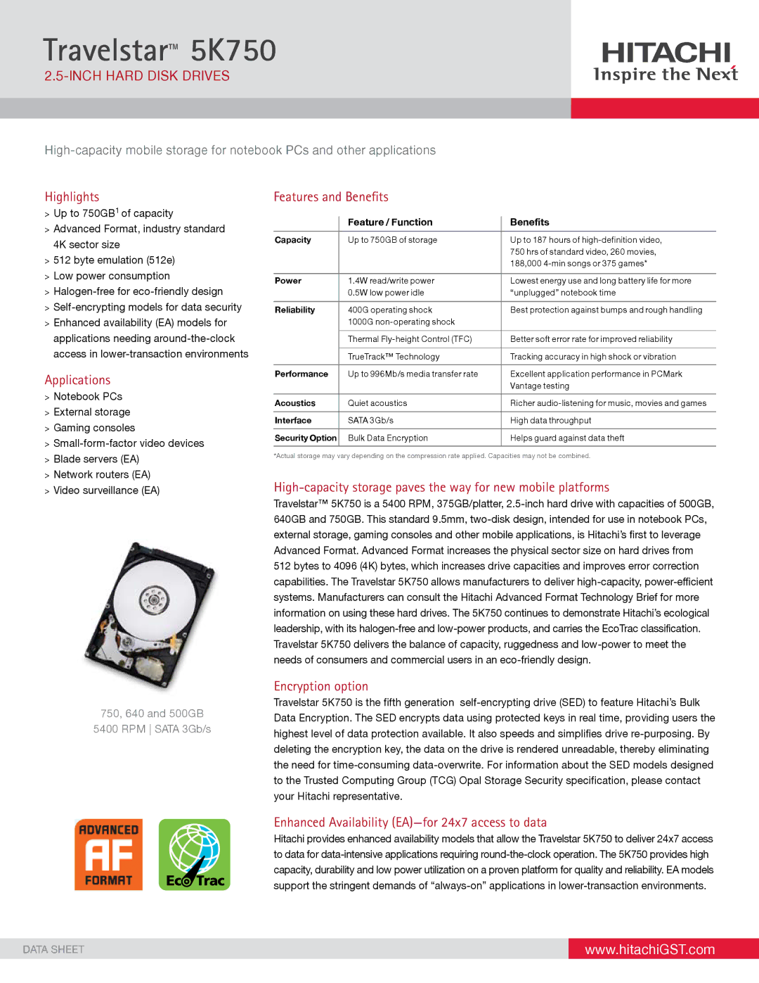 Hitachi 5K750, HTS545025B9A300 manual Highlights, Applications, Features and Benefits, Encryption option 