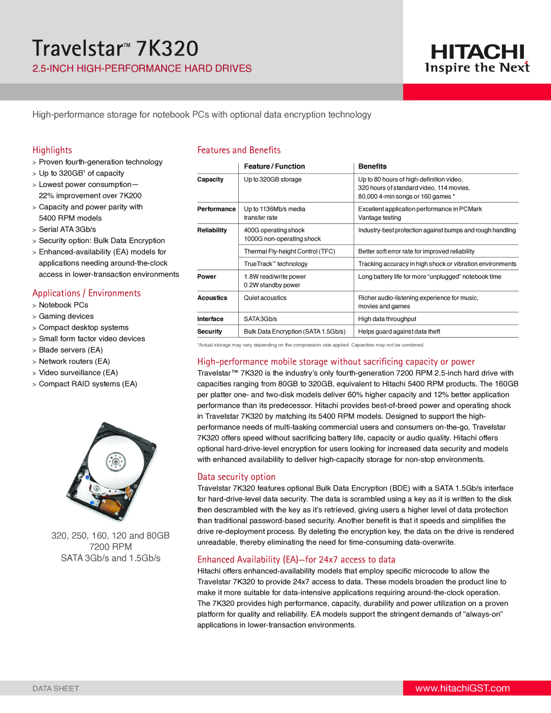 Hitachi HTS723232L9A360, HTS723280L9A360 manual Inch HIGH-PERFORMANCE hard drives, Highlights, Applications / Environments 