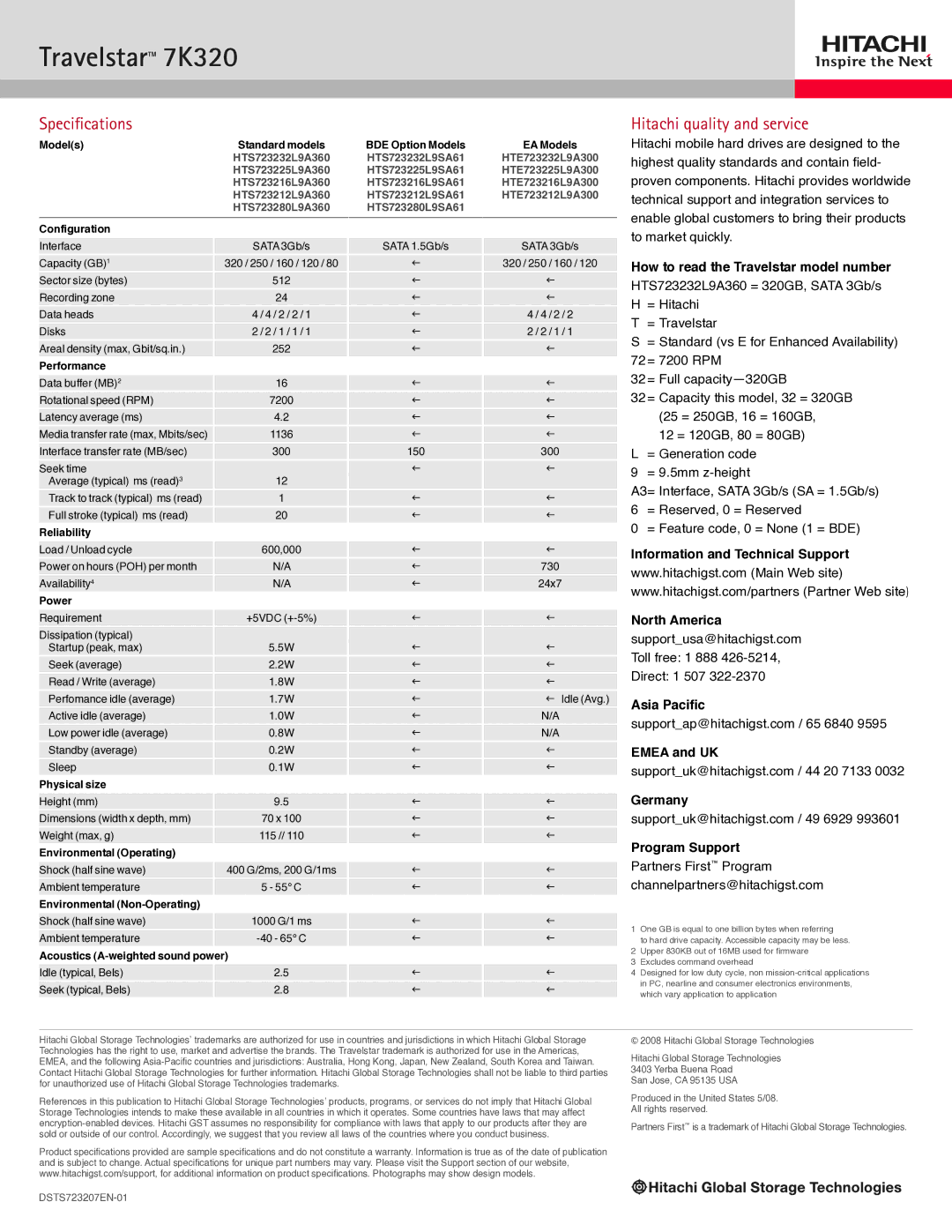 Hitachi HTS723225L9A360, 7K320 manual Specifications, Hitachi quality and service, How to read the Travelstar model number 