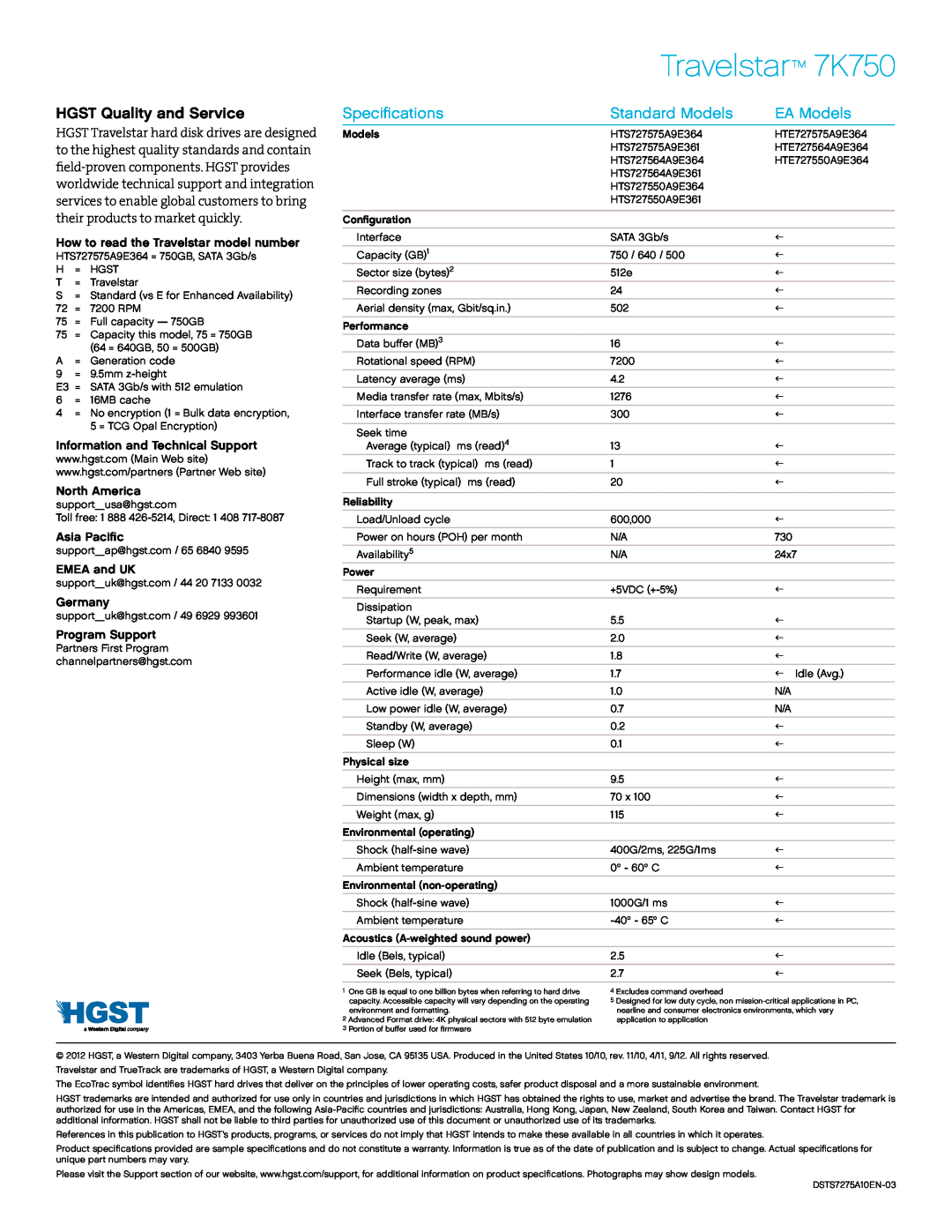 Hitachi HTE727575A9E364 manual HGST Quality and Service, Specifications, Standard Models, EA Models, Travelstar 7K750 