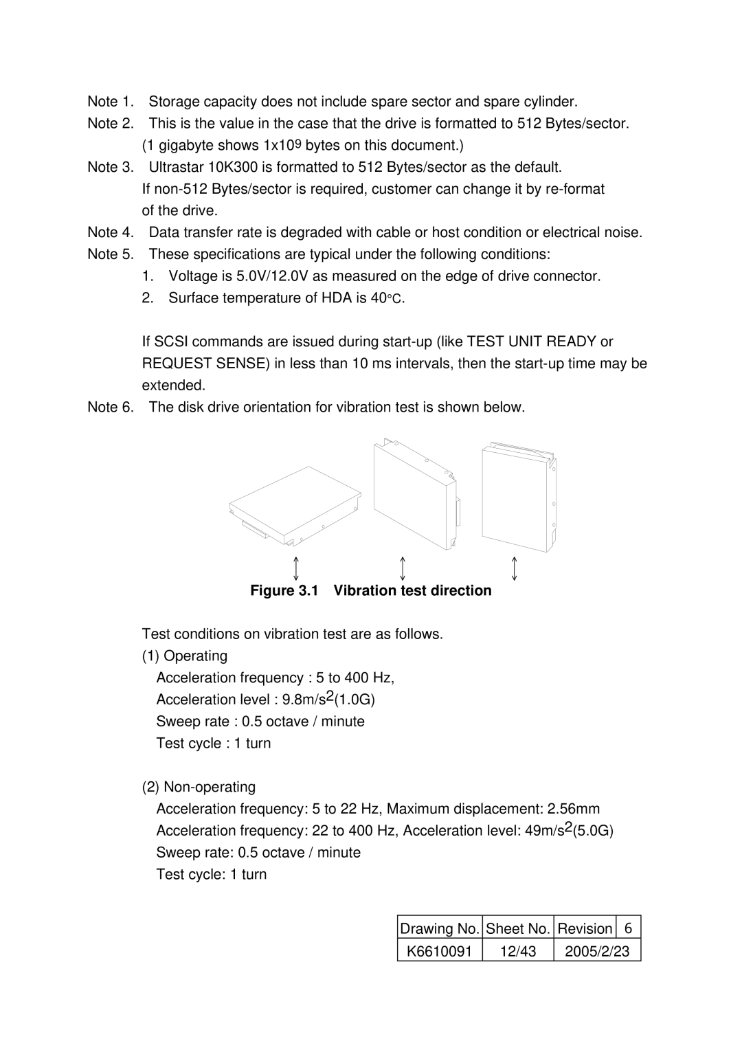 Hitachi HUS103073FL3600, HUS103036FL3600, HUS103030FL3800, HUS103073FL3800, HUS103036FL3800 Vibration test direction 