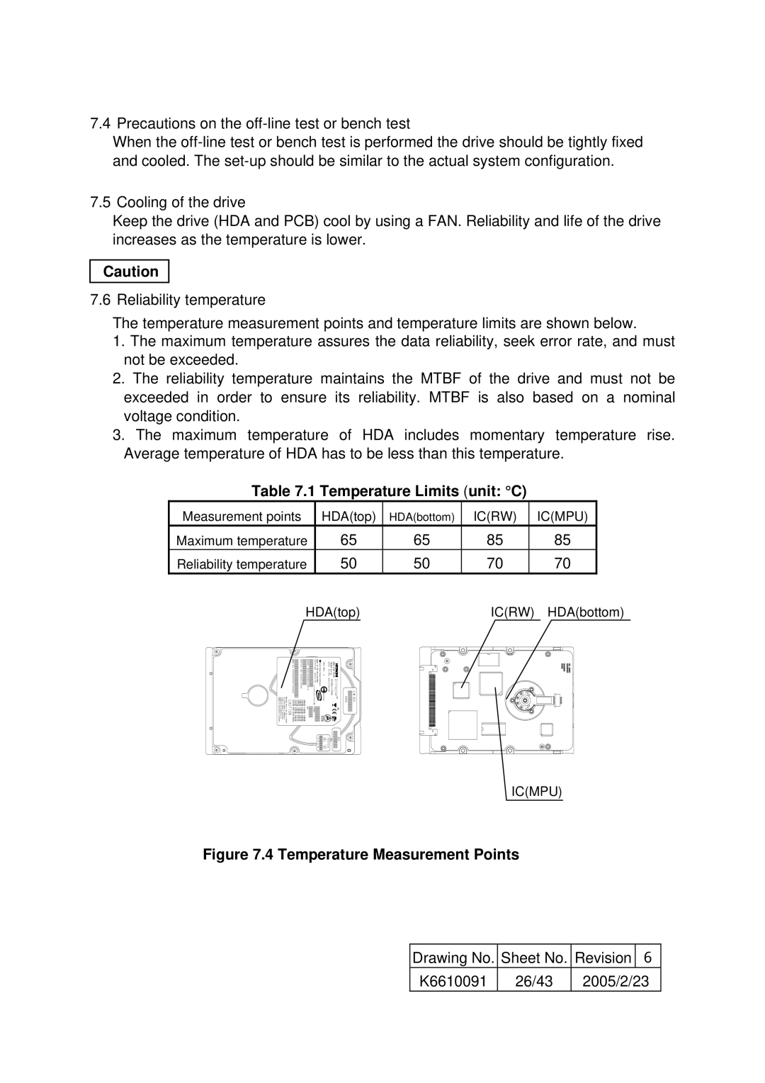 Hitachi HUS103073FL3800, HUS103036FL3600, HUS103030FL3800 Temperature Limits unit C, Temperature Measurement Points 