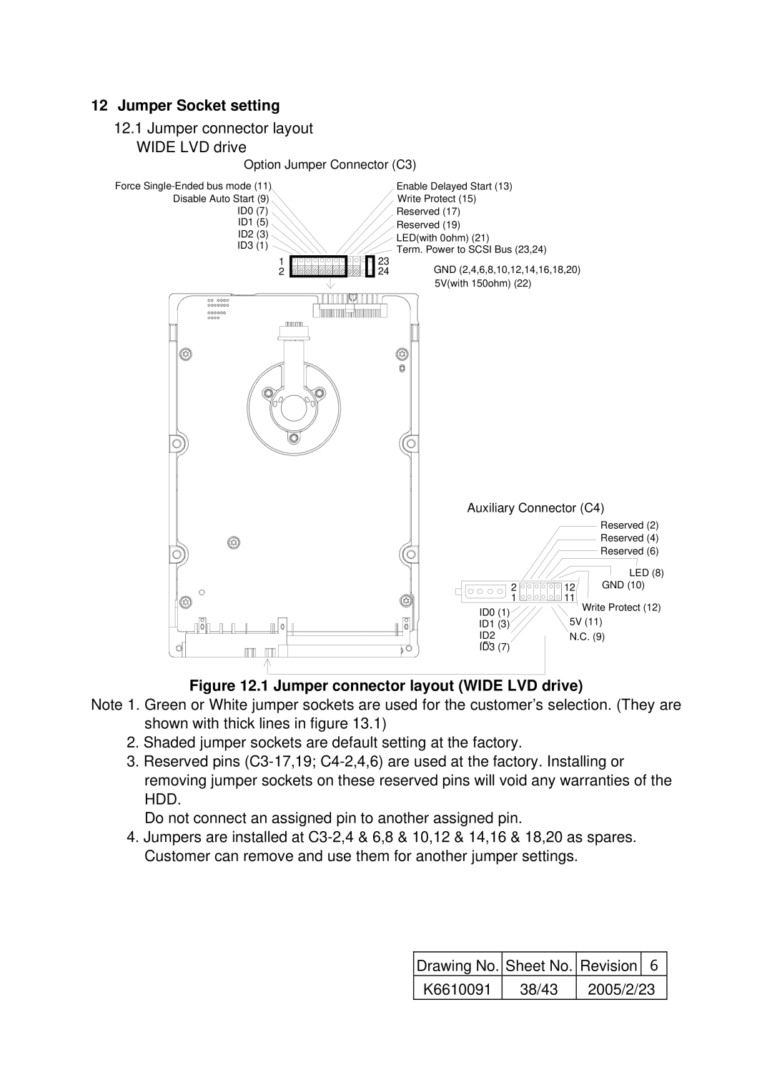 Hitachi HUS103030FL3600, HUS103036FL3600, HUS103030FL3800 Jumper Socket setting, Jumper connector layout Wide LVD drive 