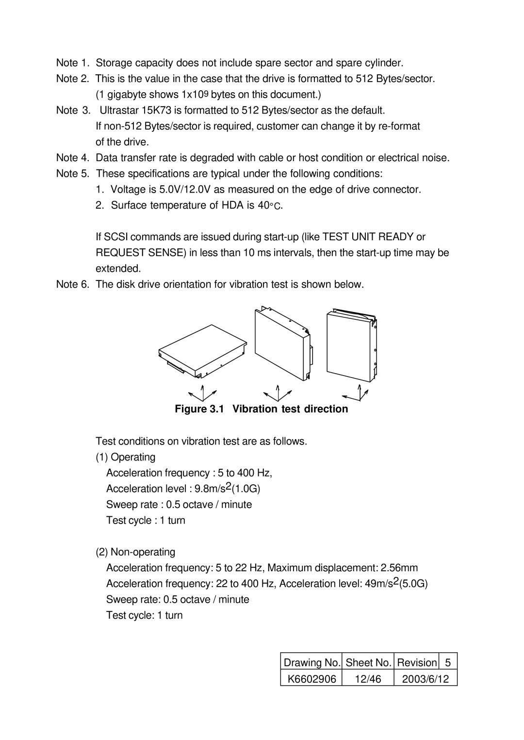 Hitachi HUS157373EL3800, HUS157336EL3600, HUS157373EL3600, HUS157336EL3800 specifications Vibration test direction 