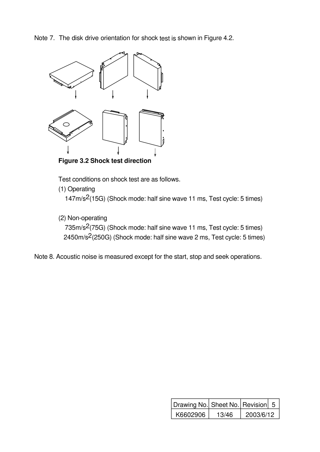 Hitachi HUS157336EL3600, HUS157373EL3800, HUS157373EL3600, HUS157336EL3800 specifications Shock test direction 