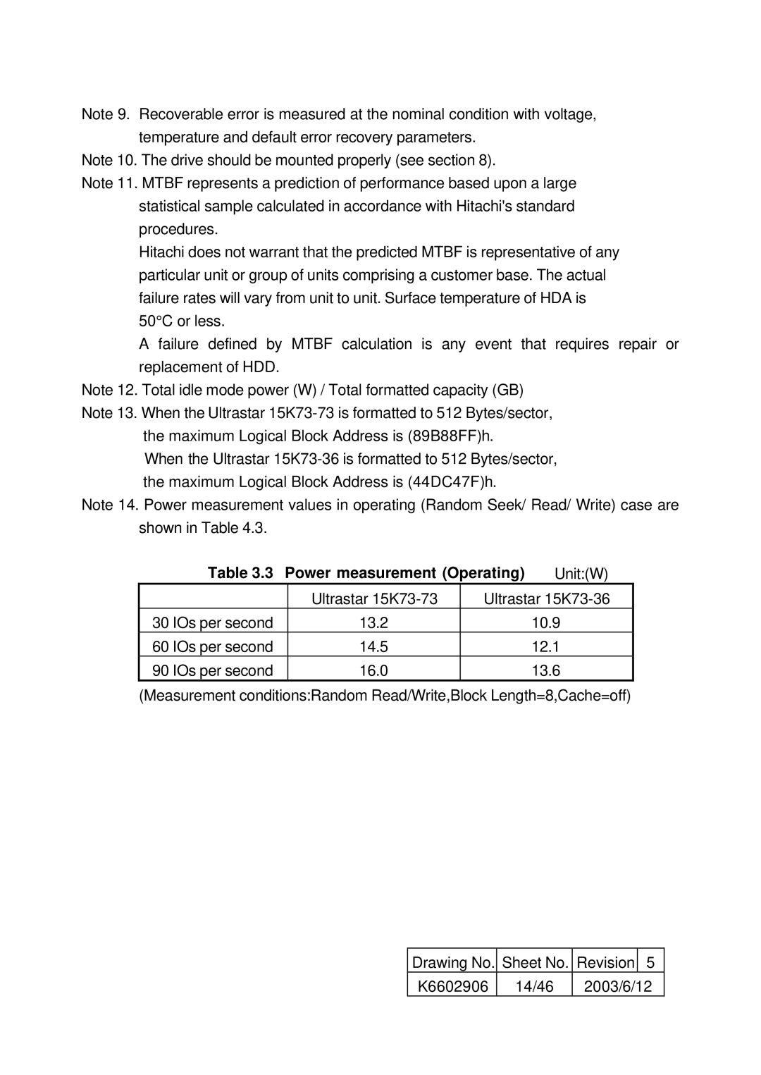 Hitachi HUS157373EL3600 Power measurement Operating, UnitW, Ultrastar 15K73-73 Ultrastar 15K73-36 IOs per second 