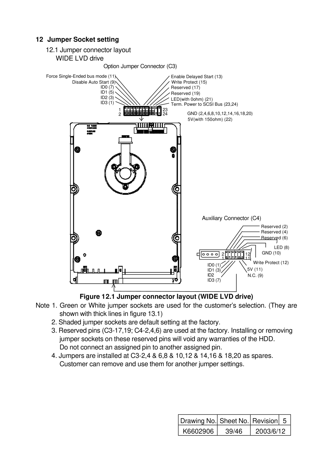 Hitachi HUS157336EL3800, HUS157373EL3800, HUS157336EL3600 Jumper Socket setting, Jumper connector layout Wide LVD drive 