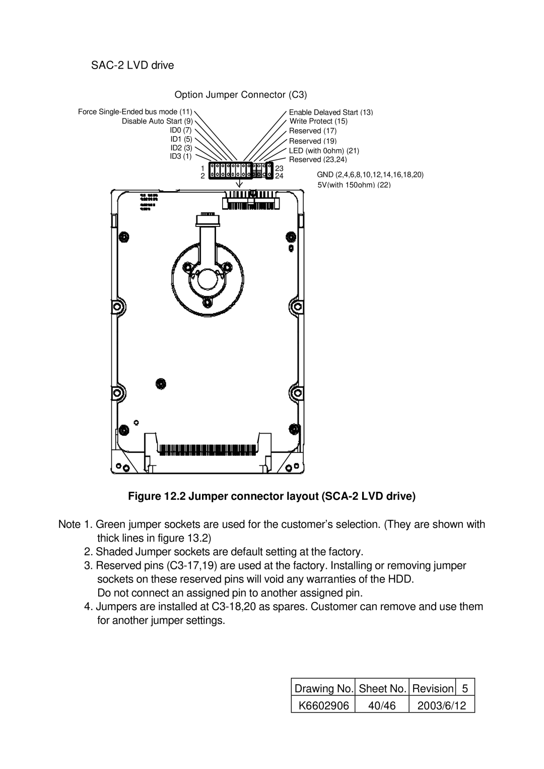 Hitachi HUS157373EL3800, HUS157336EL3600, HUS157373EL3600 SAC-2 LVD drive, Jumper connector layout SCA-2 LVD drive 