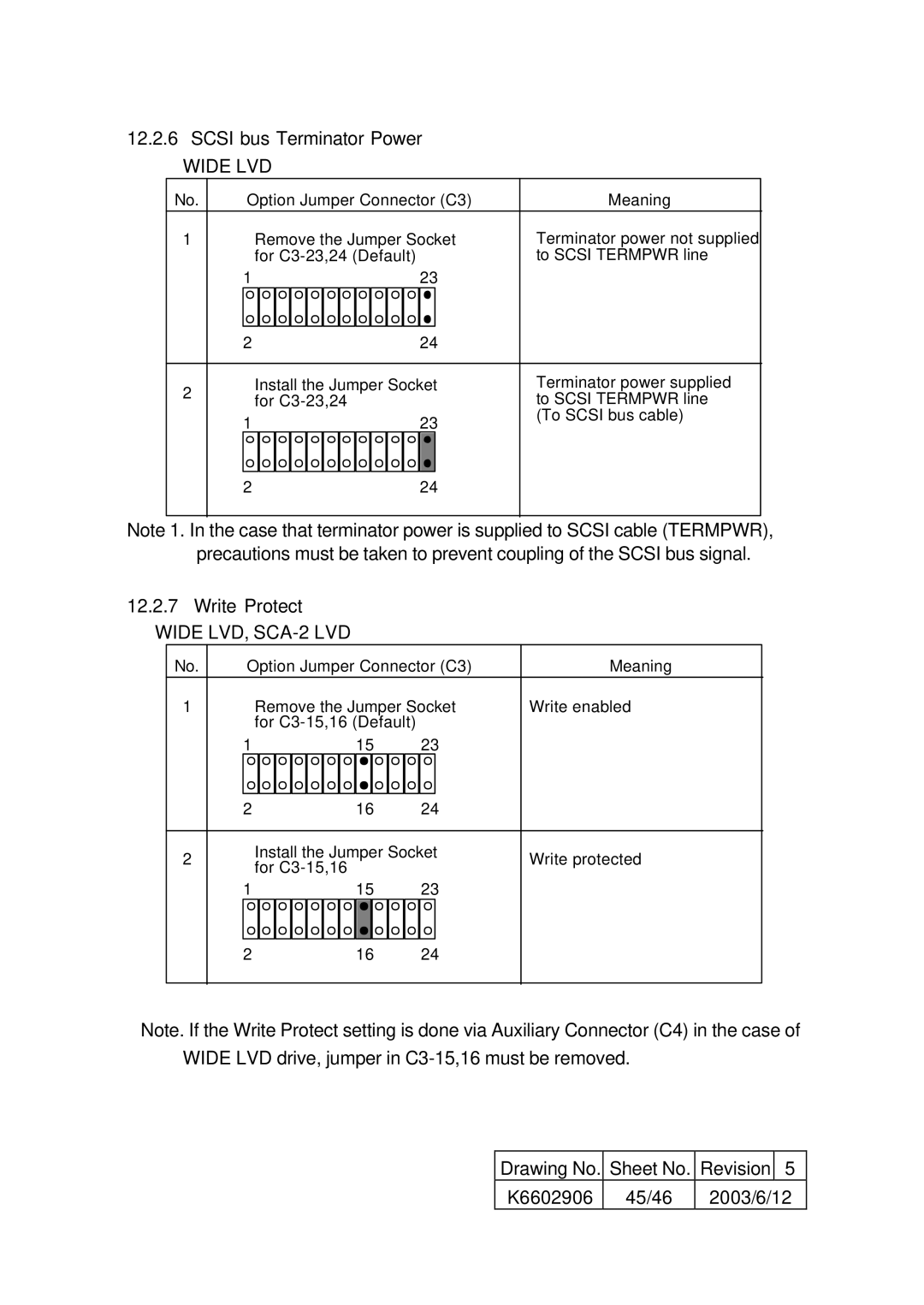 Hitachi HUS157336EL3600, HUS157373EL3800 specifications Scsi bus Terminator Power, Write Protect, K6602906 45/46 2003/6/12 