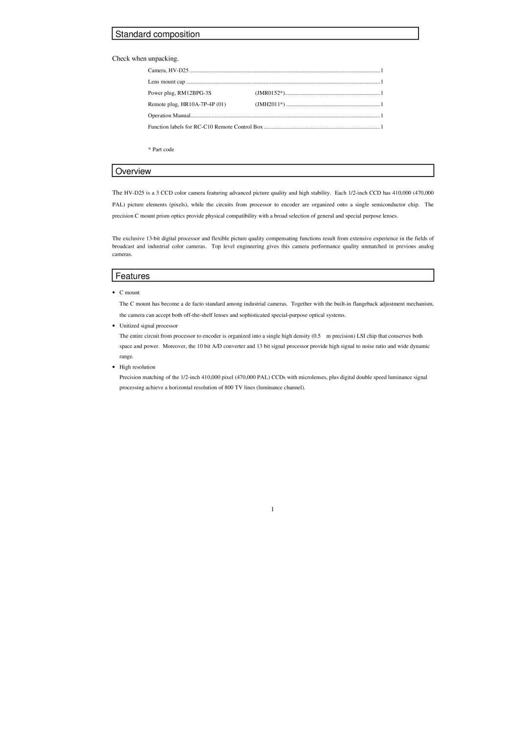 Hitachi HV-D25 operation manual Standard composition 