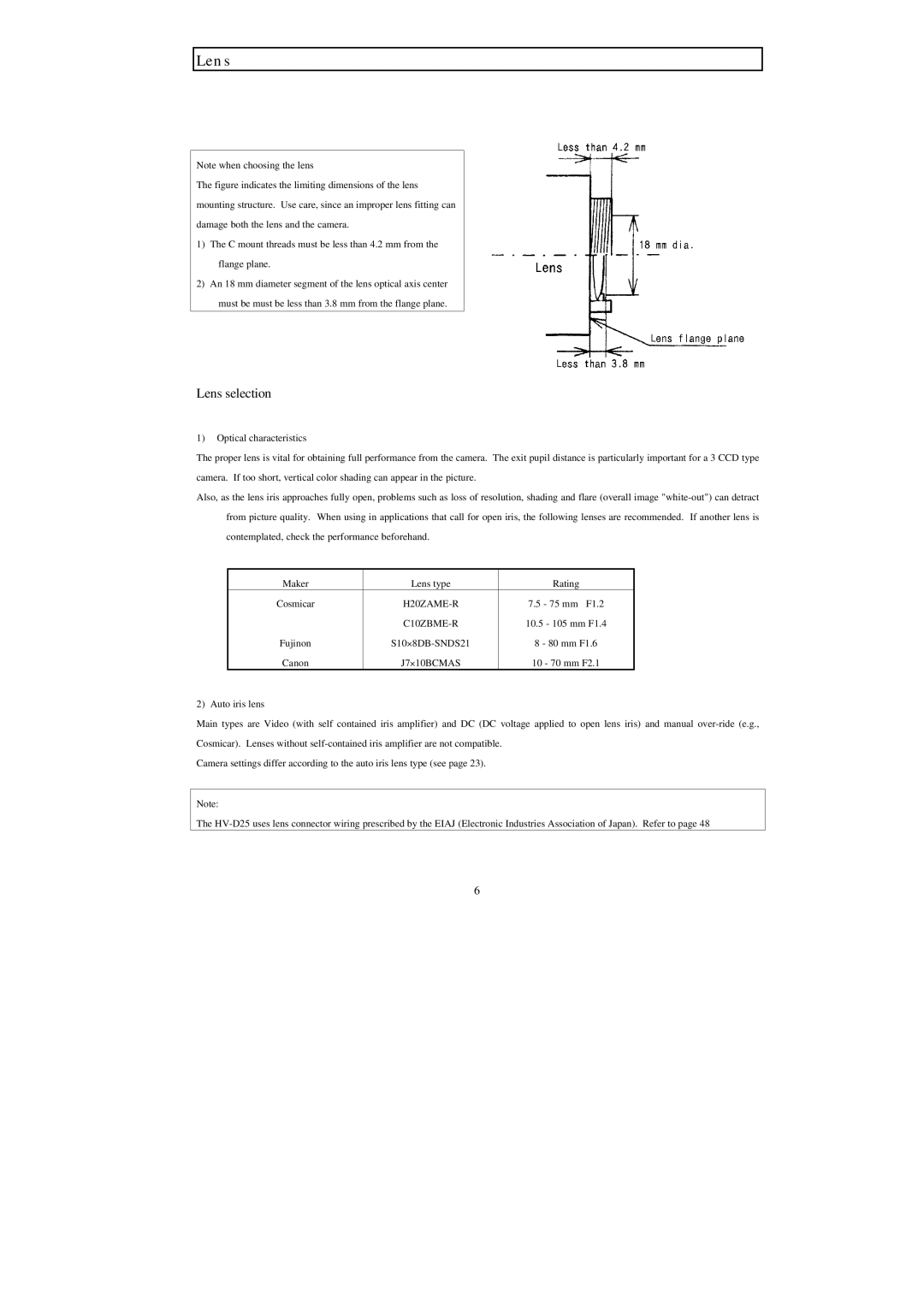 Hitachi HV-D25 operation manual Lens selection 