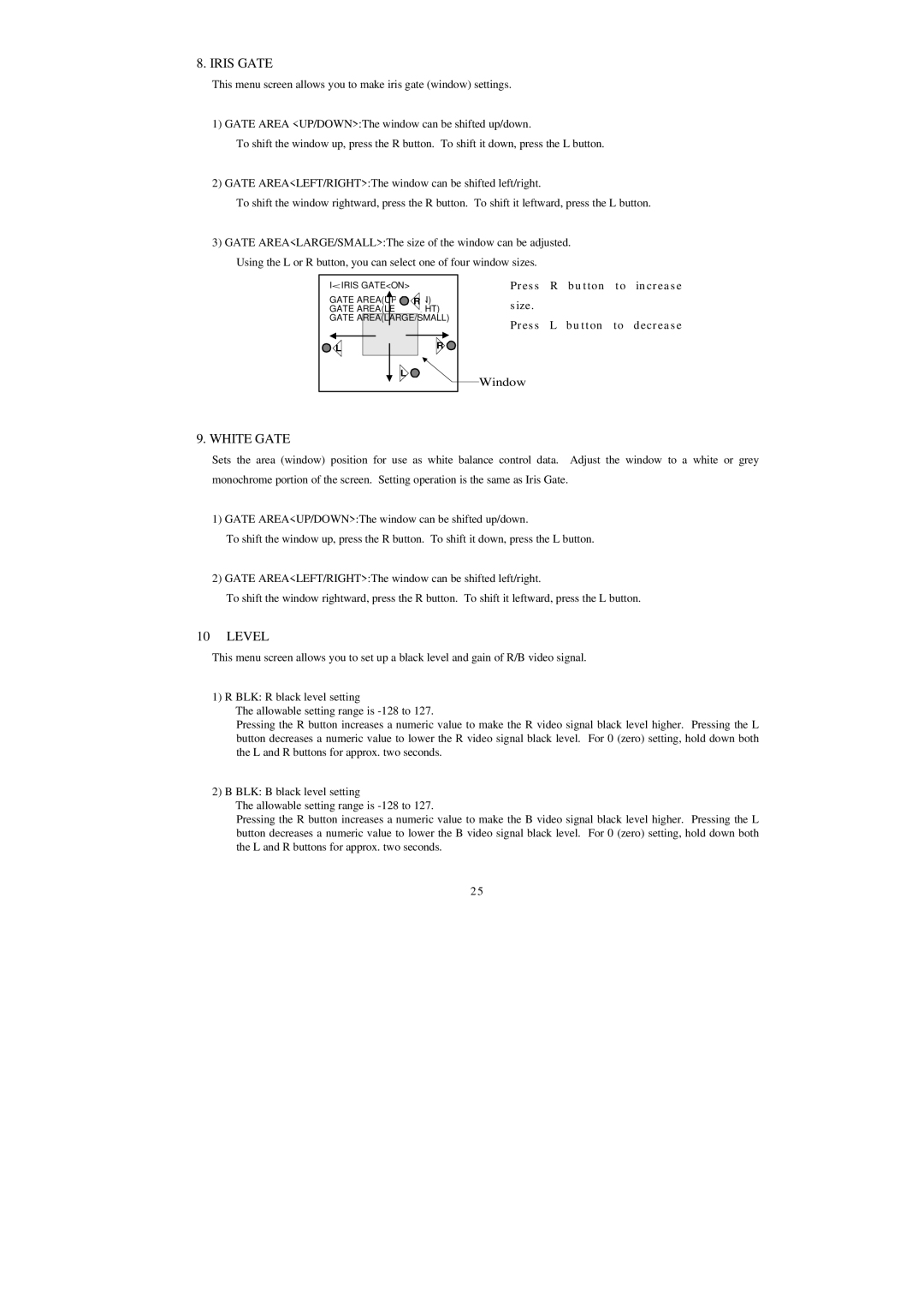 Hitachi HV-D25 operation manual Iris Gate, White Gate, Level 