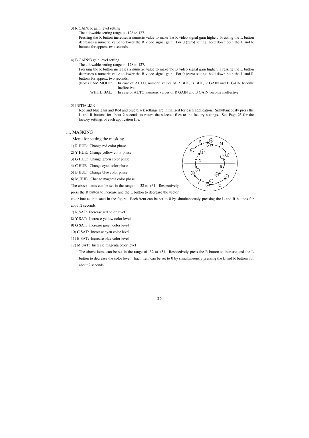 Hitachi HV-D25 operation manual Masking, Menu for setting the masking, White BAL, Initialize 