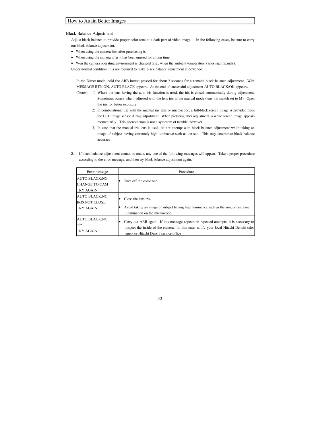 Hitachi HV-D25 operation manual Black Balance Adjustment 