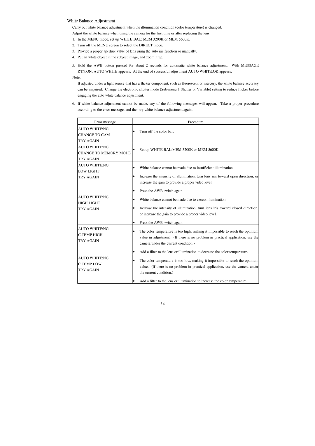 Hitachi HV-D25 operation manual White Balance Adjustment 