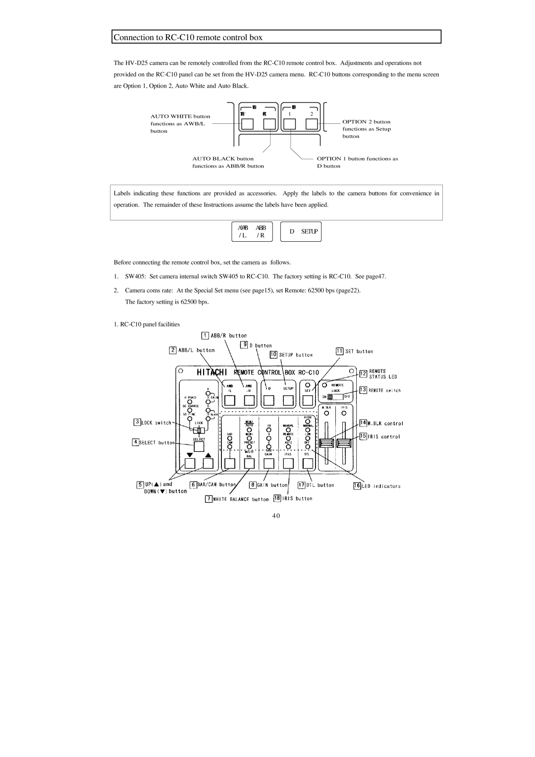 Hitachi HV-D25 operation manual Connection to RC-C10 remote control box 