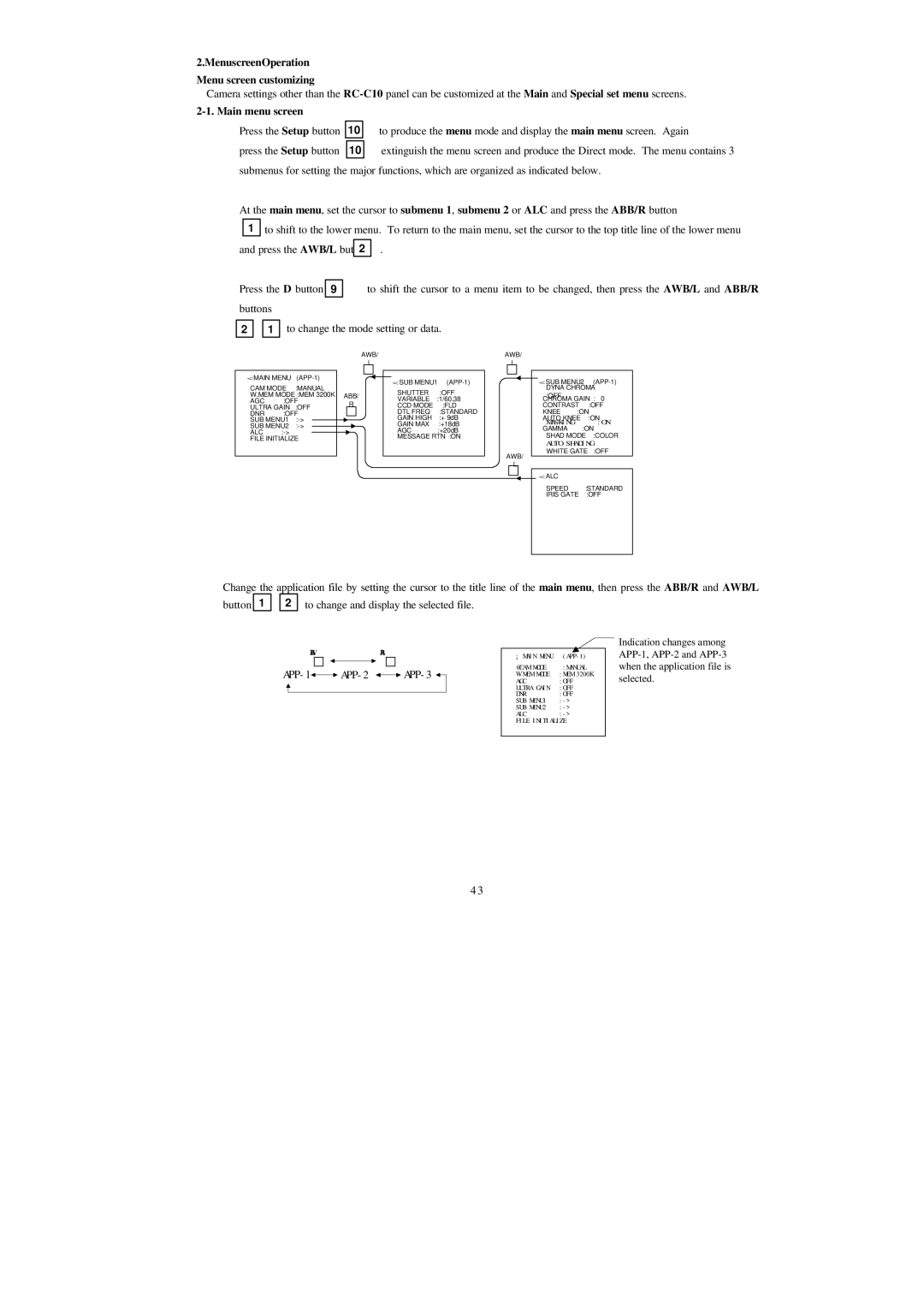 Hitachi HV-D25 operation manual MenuscreenOperation Menu screen customizing, Main menu screen, APP-1 APP-3 APP-2 