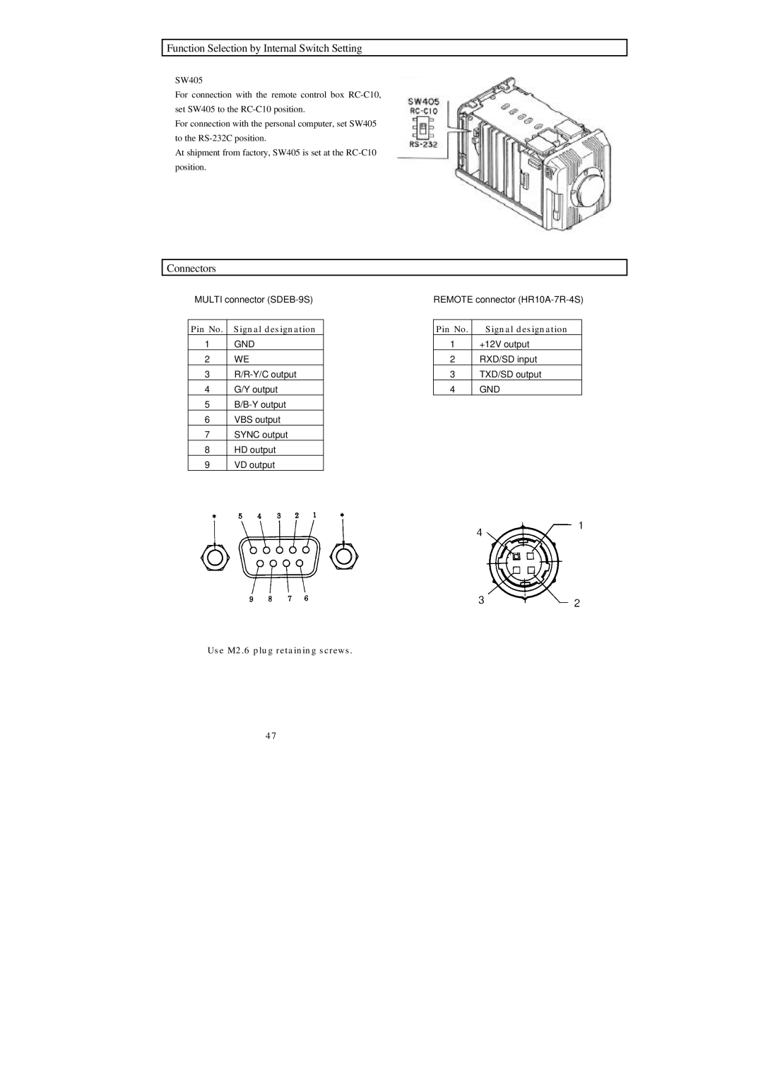 Hitachi HV-D25 operation manual Function Selection by Internal Switch Setting, Connectors 