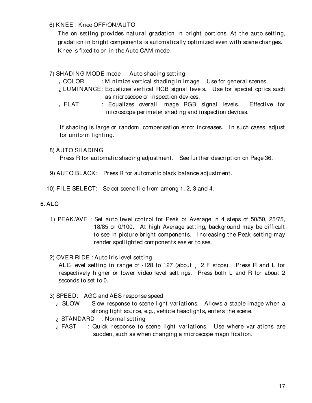 Hitachi HV-D30 operation manual Auto Shading, Alc, Slow, Fast 