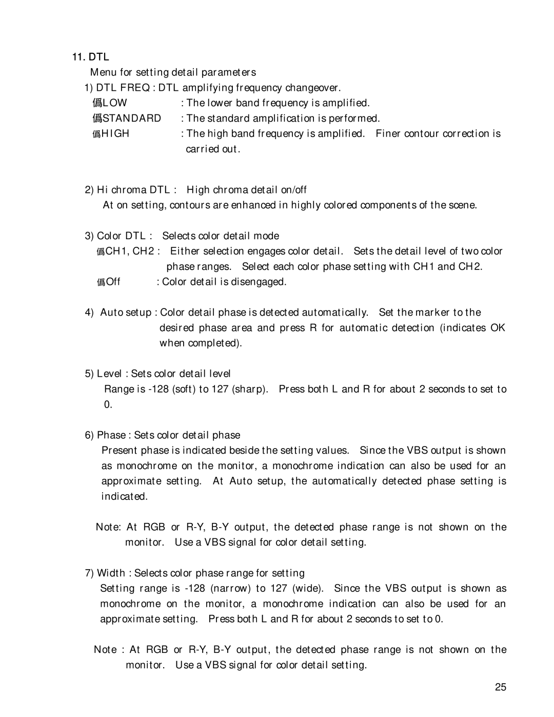 Hitachi HV-D30 operation manual Dtl, Low, Standard, High 