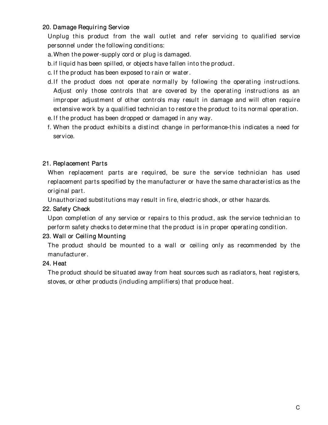 Hitachi HV-D30 operation manual Damage Requiring Service, Replacement Parts, Safety Check, Wall or Ceiling Mounting, Heat 