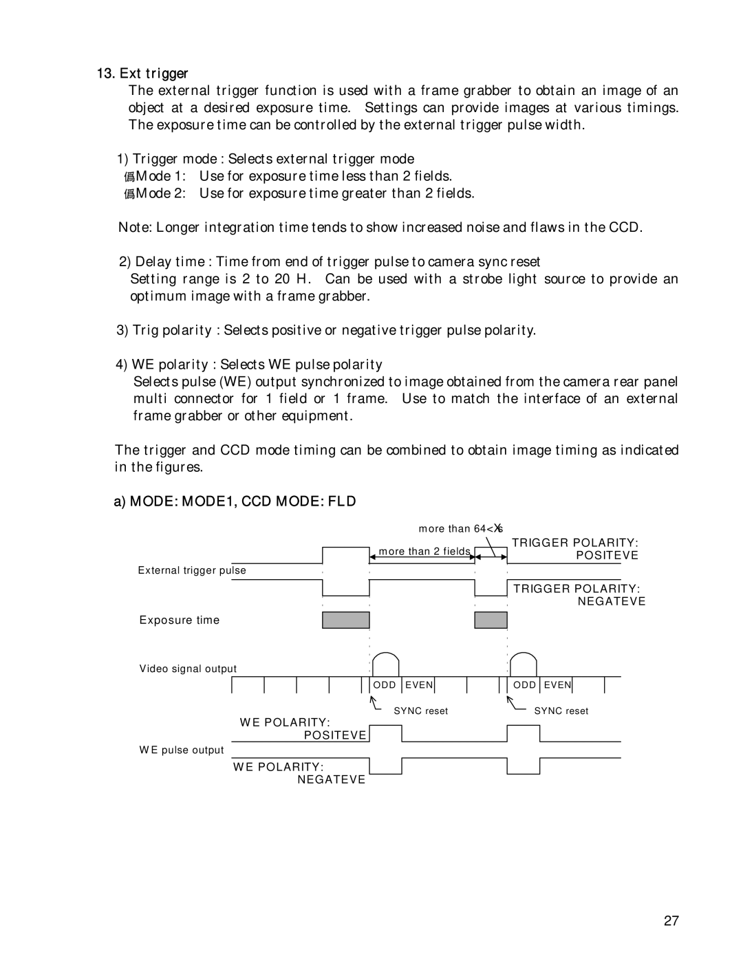 Hitachi HV-D30 operation manual Ext trigger, Mode MODE1, CCD Mode FLD 