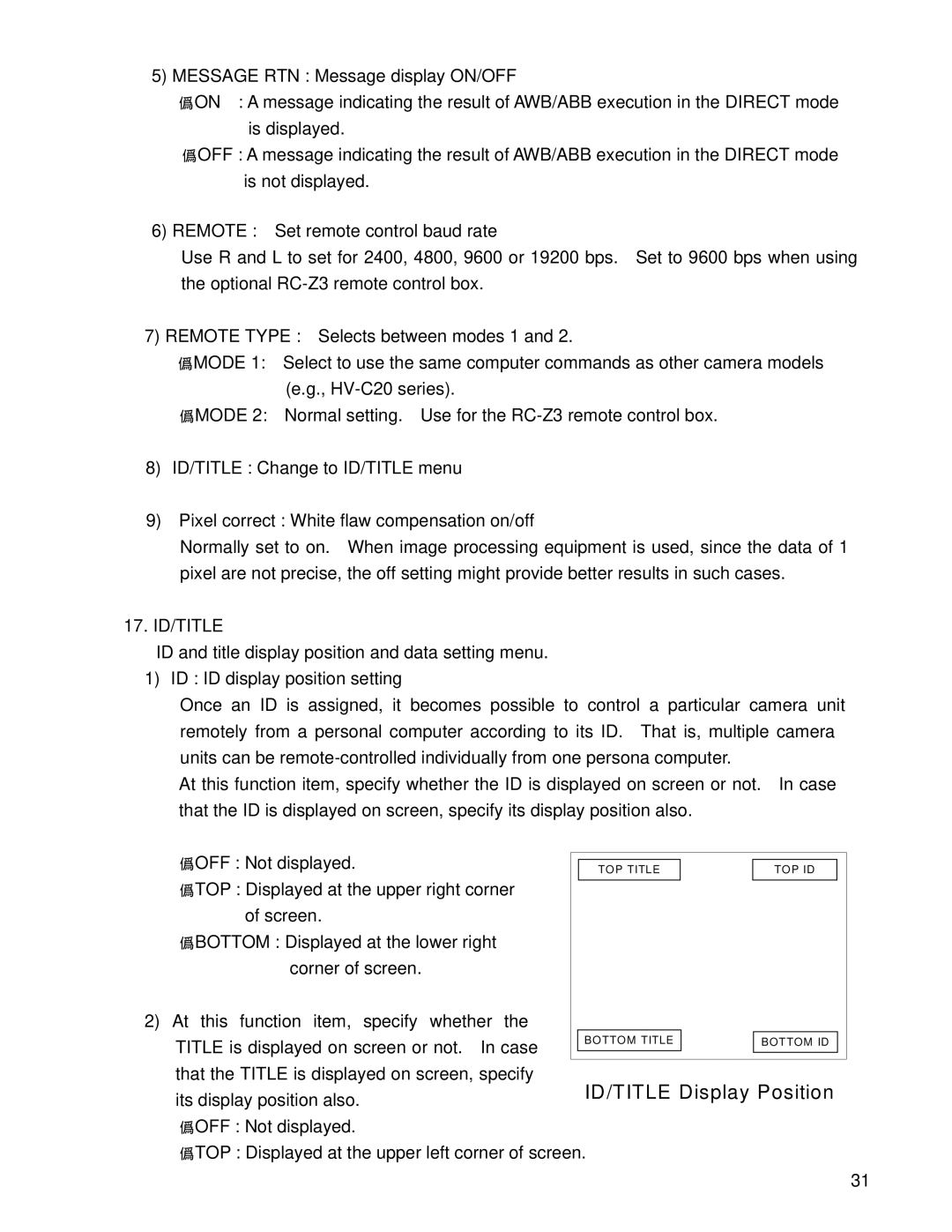 Hitachi HV-D30 operation manual ID/TITLE Display Position, 17. ID/TITLE 