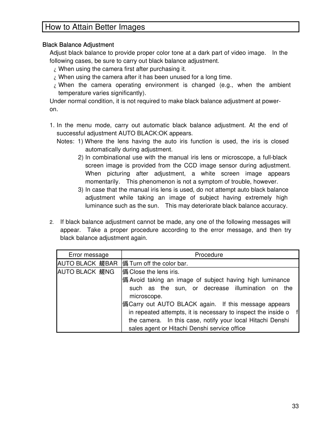 Hitachi HV-D30 operation manual How to Attain Better Images, Black Balance Adjustment, Auto Black BAR 