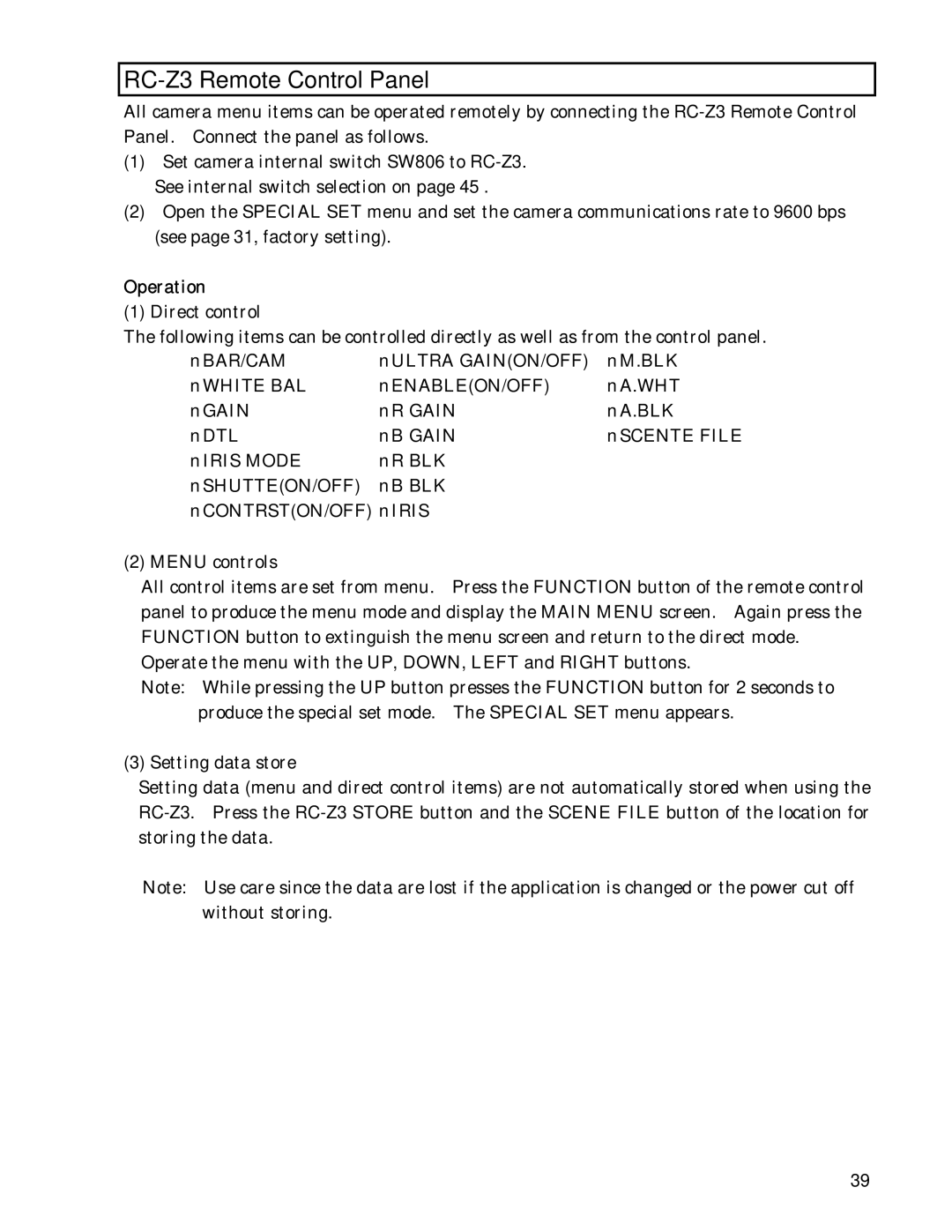 Hitachi HV-D30 operation manual RC-Z3 Remote Control Panel, Operation 