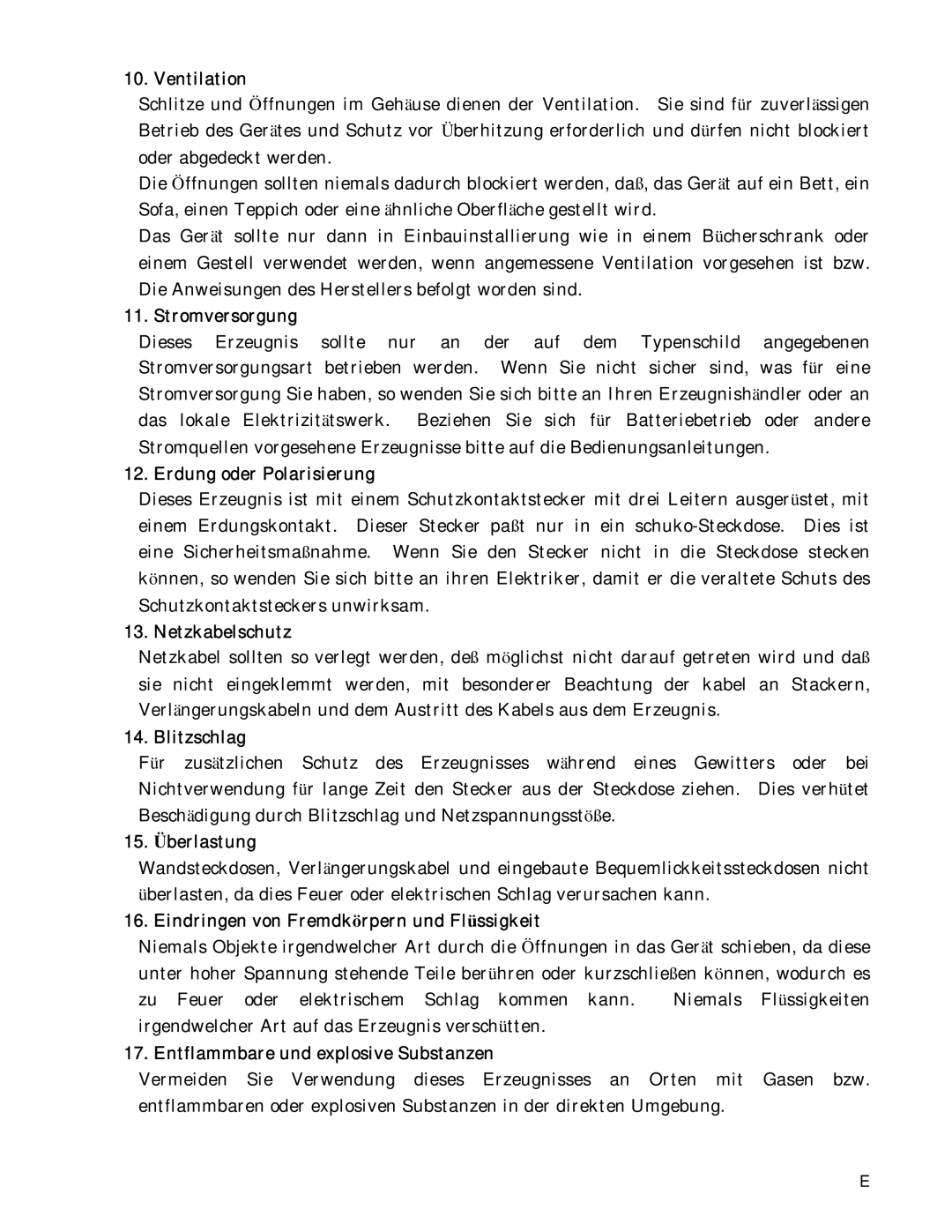 Hitachi HV-D30 operation manual Stromversorgung, Erdung oder Polarisierung, Netzkabelschutz, Blitzschlag, 15. Überlastung 